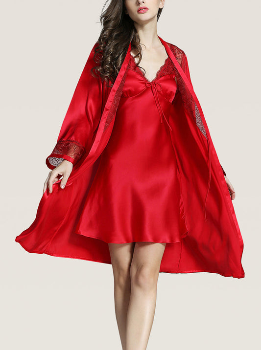 Spring And Summer Perspective Lace Silk Female V-Neck Chest Tie A-Line Version Sexy And Elegant Solid Color Suspender Nightdress Long-Sleeved Nightgown