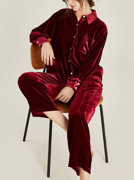 Velvet Multicolor Female Autumn And Winter Shirt Collar High Fashion Warm Chic Retro Long Sleeve Pajamas Two Piece Set
