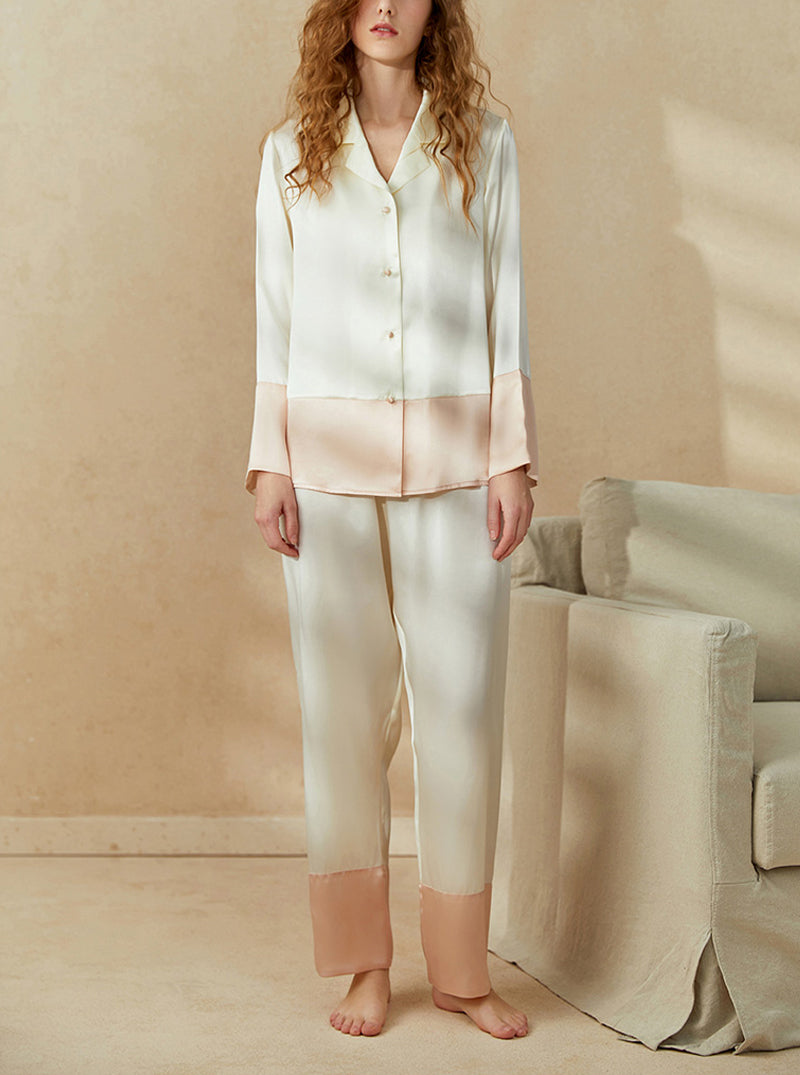 19 Momme Silk Summer Female Fashion Small Lapel Fashionable Temperament Personality Stitching Contrast Color Long-Sleeved Two-Piece Pajamas