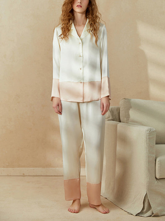 19 Momme Silk Summer Female Fashion Small Lapel Fashionable Temperament Personality Stitching Contrast Color Long-Sleeved Two-Piece Pajamas