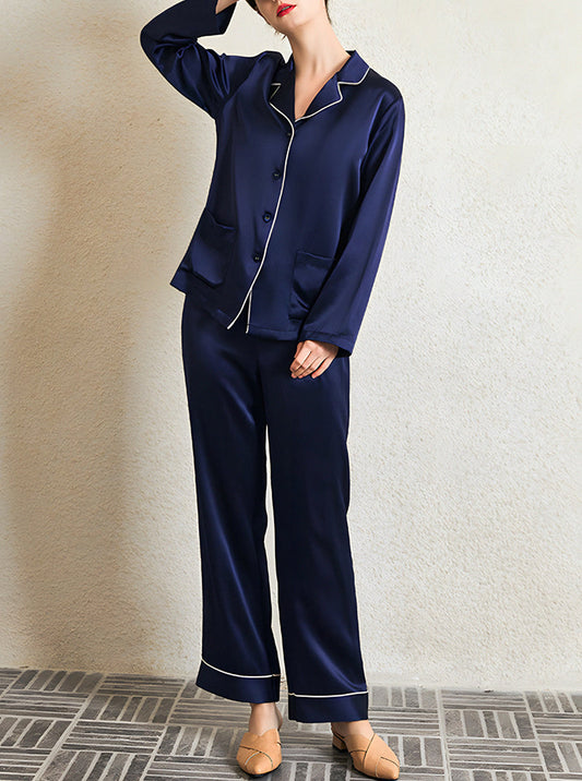 22 Momme Female Small Lapel Solid Color Autumn And Winter Simple Basic Version Long-Sleeved Trousers Pajamas Two-Piece Set