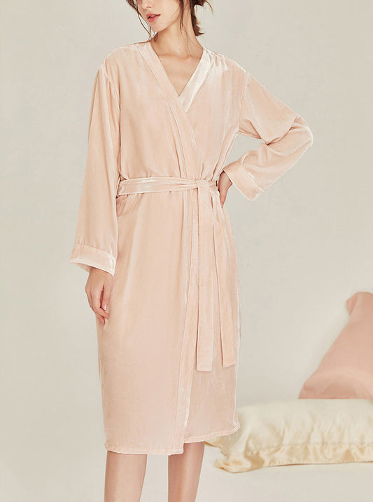 Warm Female Spring Autumn Matching Pajamas Silk Velvet Simplicity Elegant V Collar Sling Short Nightdress And Medium Length Night-Robe Set