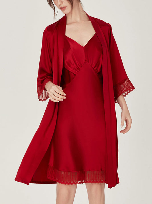 Summer Silk Matching Pajamas Elegant V Collar Fold Design Stitching Lace Edge Medium  Length Nightdress And Night-Robe Set