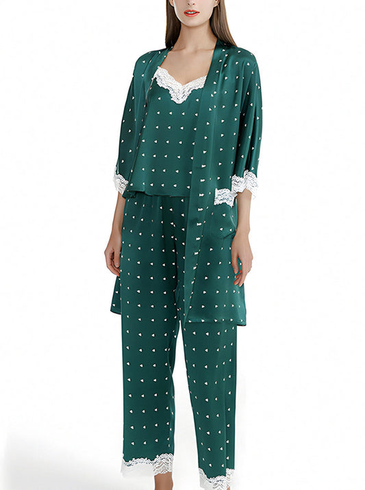 Dark Green Silk Female Summer Suspenders V-Neck Sexy Lace Polka Dot Simple Pajamas Three-Piece Set