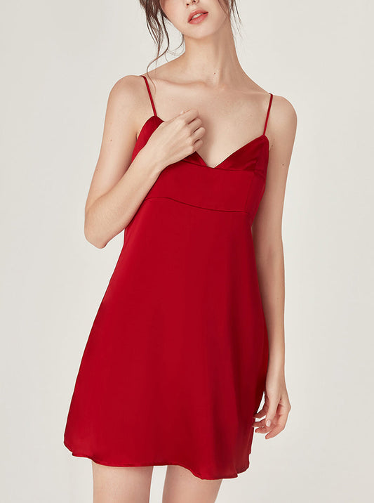 Female Summer Silk Sexy Romance V Collar Elasticity Back Design Loose Hem Sling Short Nightdress