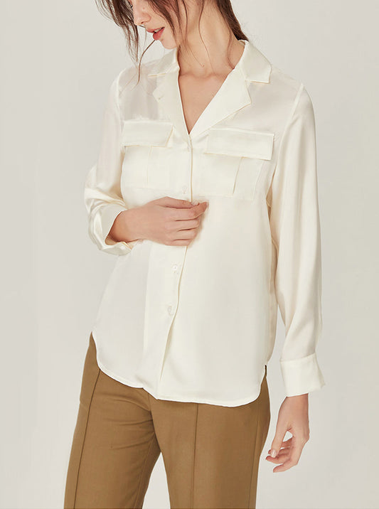 19 Momme Silk Lapel Shirt Simplicity Summer Female Can Be Worn Outdoors Long Sleeve Cool Pajamas Top