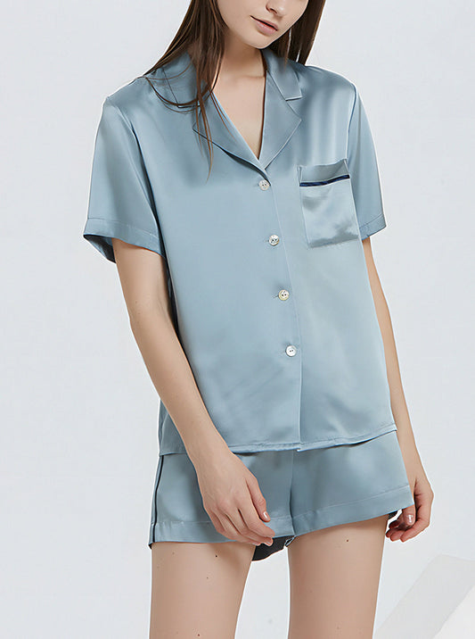 19 Momme Silk Summer Female Suit Collar Classic High-End Simple Fashion Solid Color Gray Blue Short-Sleeved Shorts Pajamas Two-Piece