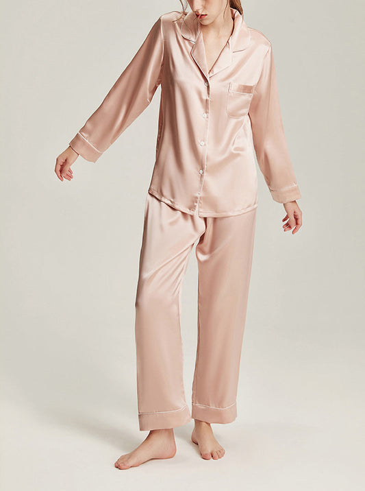 22 Momme Silk Summer Female Fashion Small Lapel Simple Soft Comfortable Youthful Temperament Various Colors Classic Long Sleeve Two-Piece Pajamas