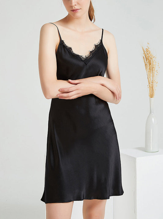 Silk Spring And Summer Ladies V-Neck Casual Breathable Sexy Elegant Lace Solid Color Sling Nightdress