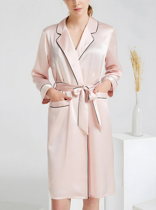 Female 19 Momme Spring Long Sleeve Suit Collar Elegant Classic Simple Generous Belt Pink Skin Tone Robe