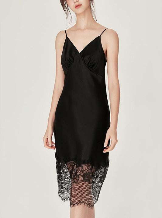 Silk Sexy Summer Advanced Sense Pure Color V Collar Lace Stitching Hem Sling Nightdress Female