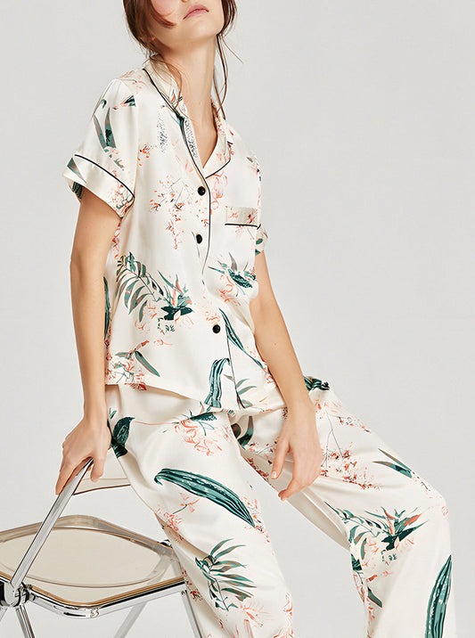 Silk Spring Ladies Fashion Elegant Fresh Print Small Lapel Long Sleeve Pajamas Two Piece Set