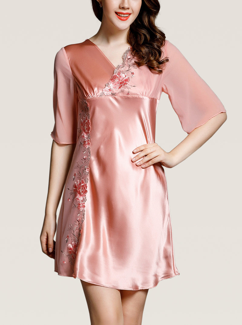 Lace Embroidered Silk Summer Female V Neck Sexy Comfortable Elegant Solid Color Mid Sleeve Nightdress