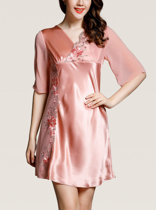 Lace Embroidered Silk Summer Female V Neck Sexy Comfortable Elegant Solid Color Mid Sleeve Nightdress