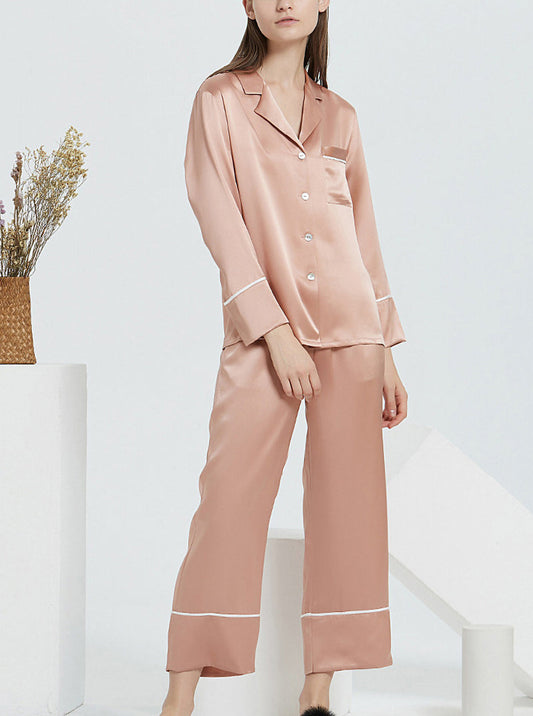 19 Momme Silk Spring And Autumn Female Shirt Collar Simple Atmosphere Fashion Casual Solid Color Long Sleeve Pants Pajamas Two Piece Set
