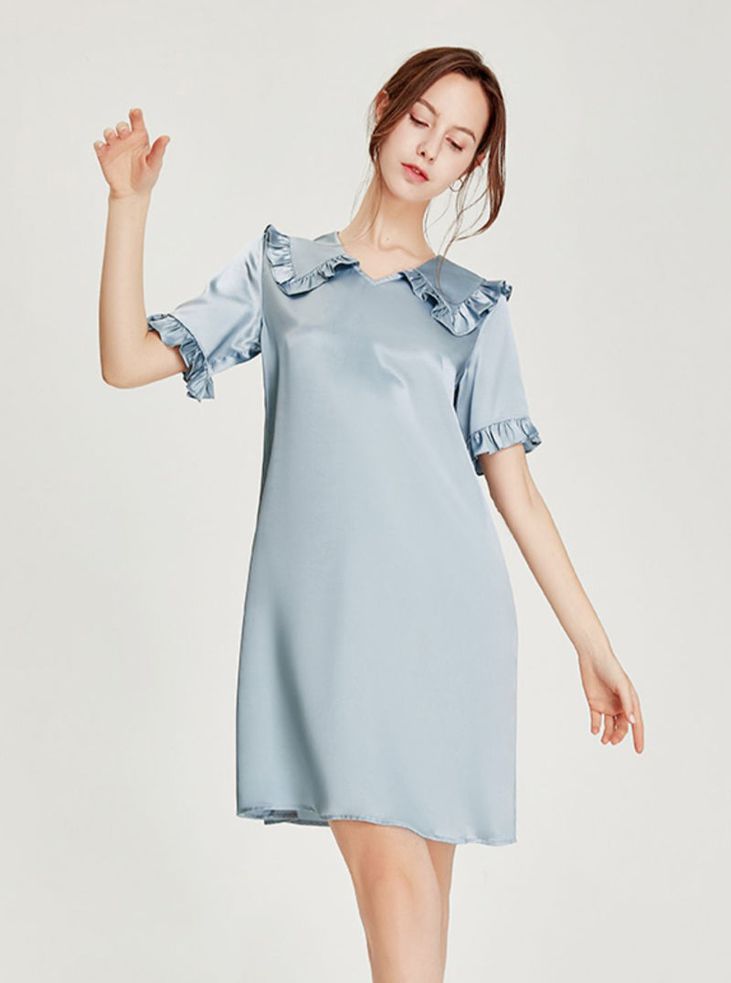 Summer Silk Female Haze Blue Cute Ruffle Splicing Lapel V-neck Short Sleeve Palace Style Shirt Nightdress