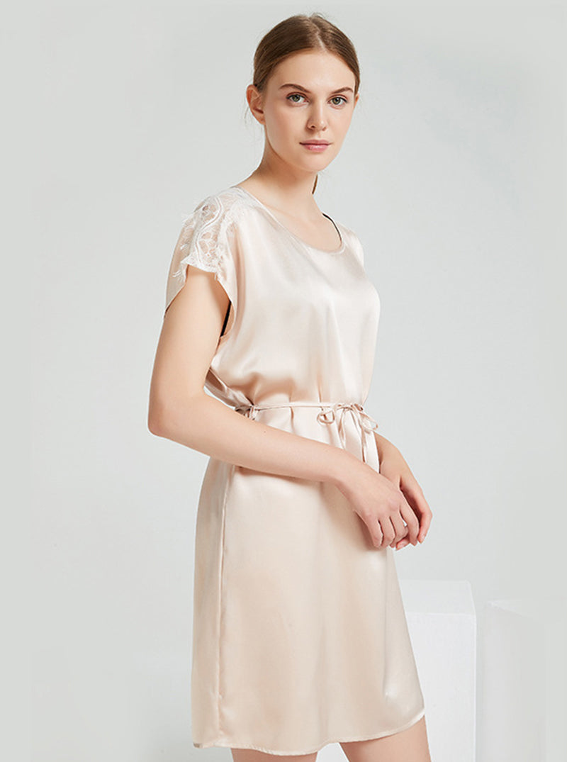 19 Momme Silk Female Spring And Summer Round Neck Lace Sexy And Elegant Adjustable Waist Light Apricot Short-Sleeved Nightdress
