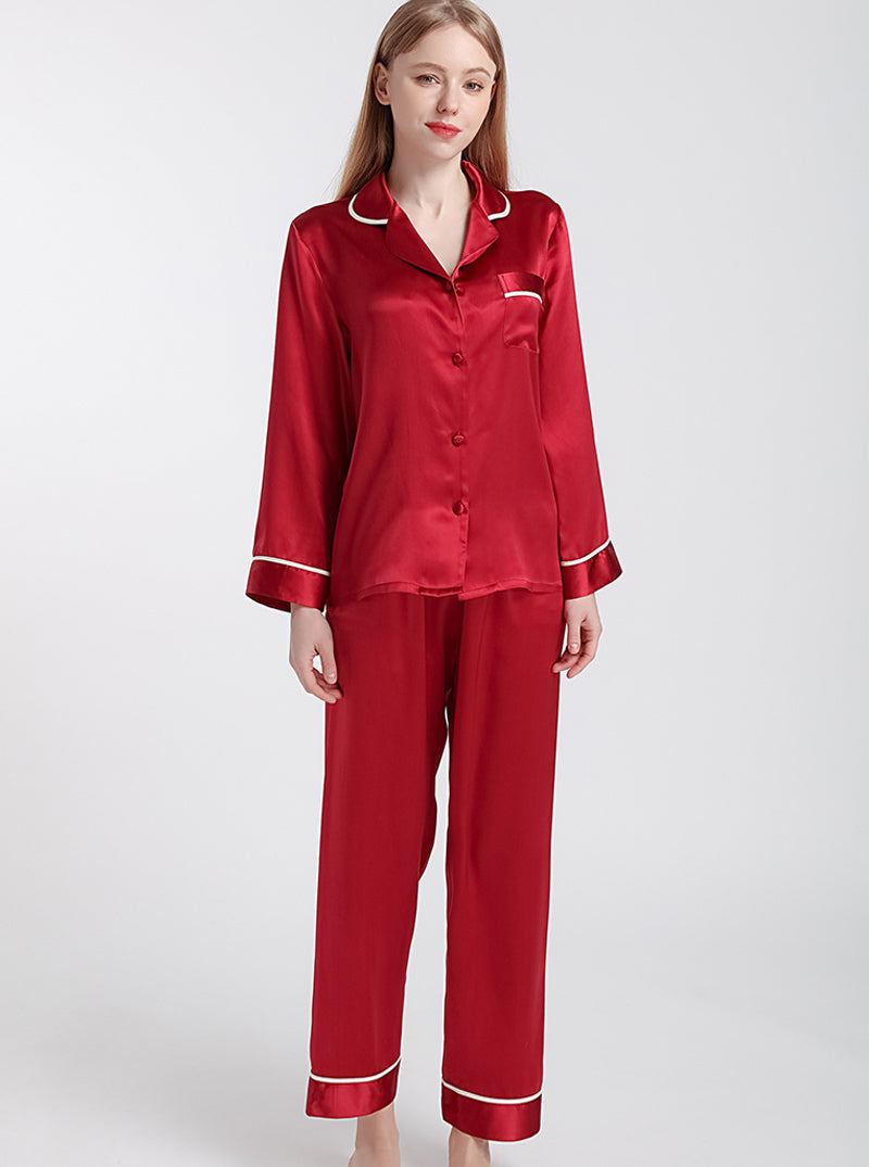 Female Summer Silk Contrast Color Line Small Lapel Simple Loose Comfortable Elegant Solid Color Long-Sleeved Pajamas Two-Piece Set