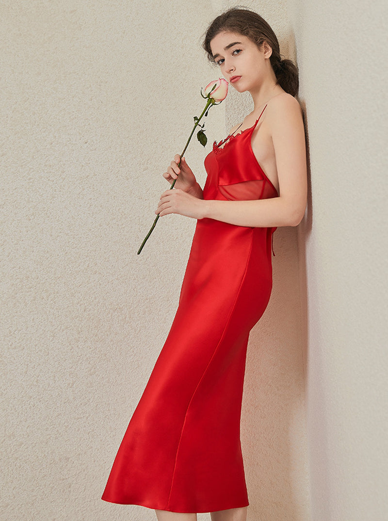 Summer Solid Color V-Neck Female 19 Momme Silk Charming Temperament Open-Back Suspender Long Nightdress