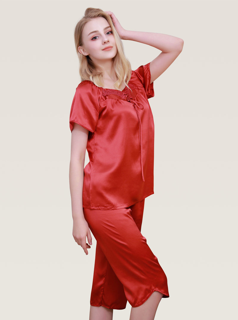 Female Spring And Autumn Silk Round Neck Embroidered Drawstring Comfortable Soft Breathable Short Sleeve Mid-Length Pants