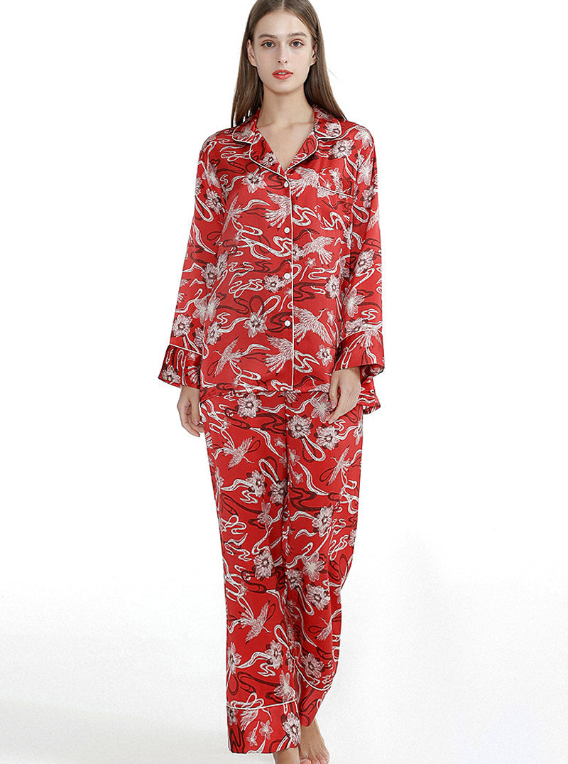 Silk Summer Female Small Lapel Print Elegant And Dignified Charming Multi-Color Long-Sleeved Pajamas Two-Piece Set