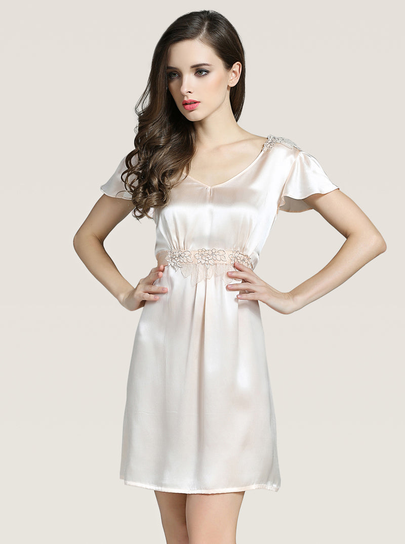 Lotus Leaf Lace Silk Spring And Summer Female V-Neck Intellectual Beautiful Elegant Embroidered Belt Can Be Tied Solid Color Short-Sleeved Nightdress
