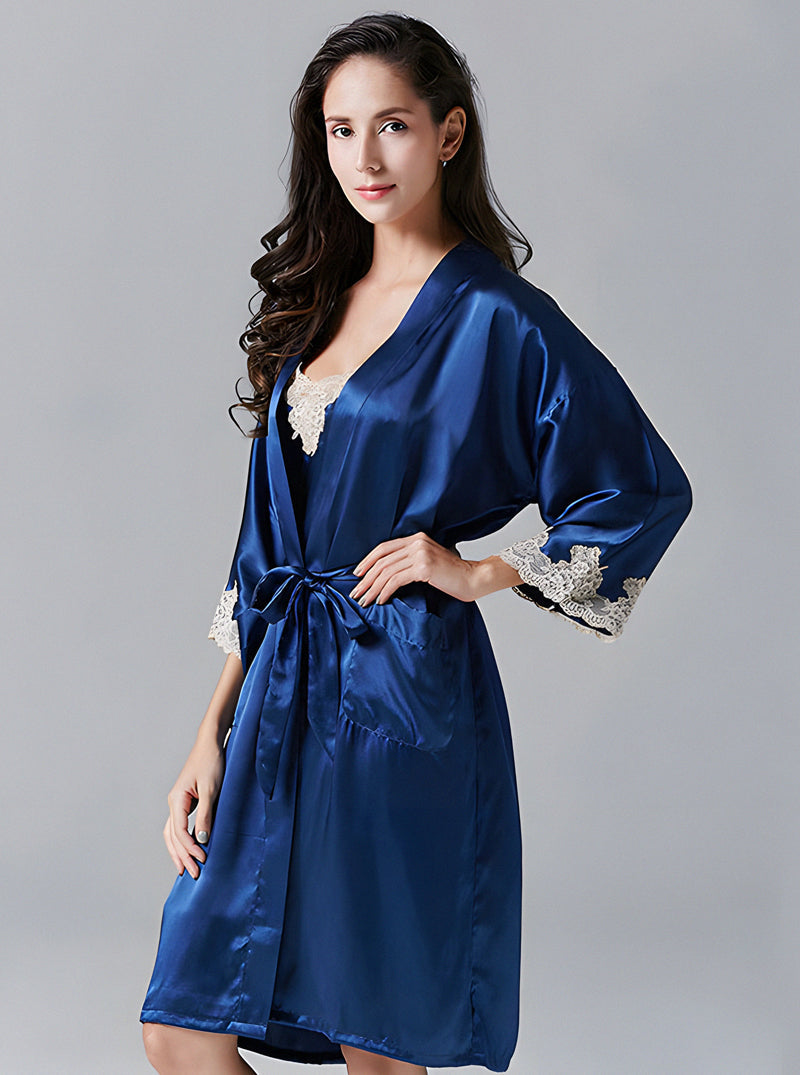 Silk Autumn And Winter Ladies Small V-Neck Big Open Back Sexy Lace Light Luxury High-End Solid Color Suspender Nightdress Two-Piece Set