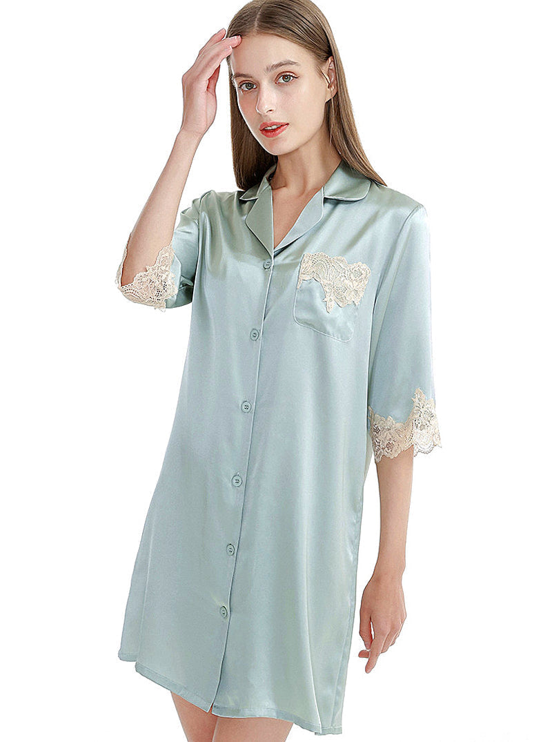 Summer Silk Female Small Lapel Noble Luxury Loose Mature Solid Color Mid-Sleeve Lace Nightdress
