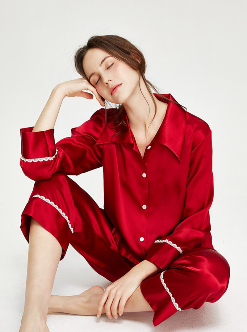 Silk Spring And Summer Ladies Shirt Collar Romantic Fashionable Small Lace Multi-Color Long-Sleeved Pajamas Two-Piece Set