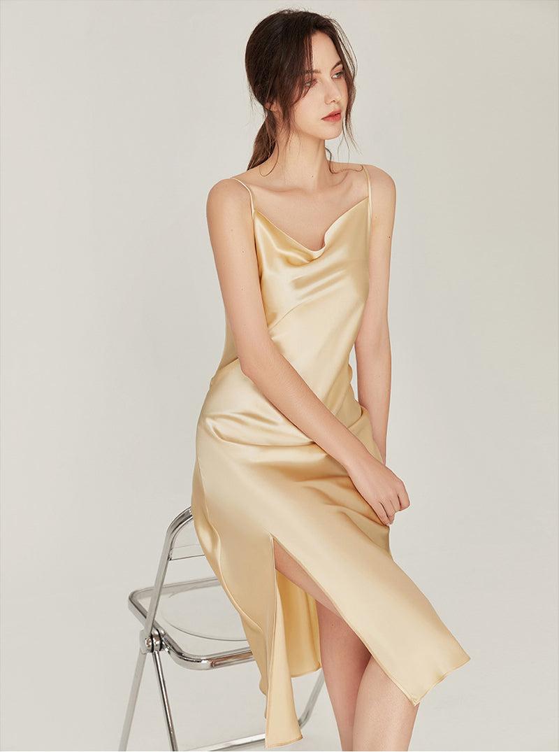 Simplicity Pure Color Silk Cowl-neck Elegant Sexy Split Hem Medium Length Slim Sling Nightdress