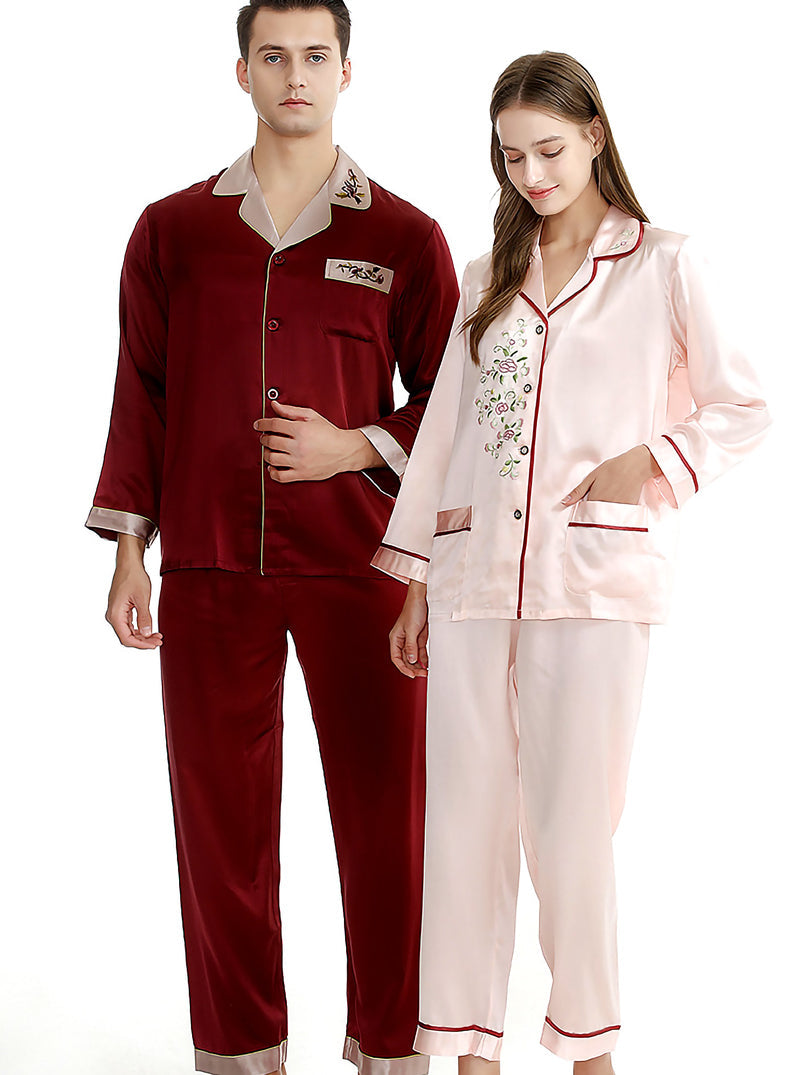 Summer Silk Couple Pajamas Sets Contrast Color Small Lapel Embroidery Simple Casual Pure Color Long-Sleeved Trousers Pajamas Two-Piece Set