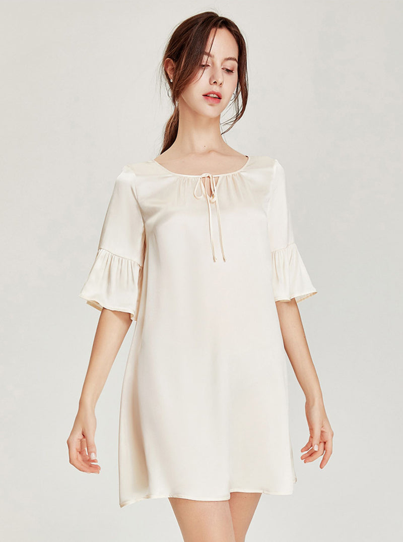 Summer Apricot Court Style Retro Silk Lace-up Small V Collar Ruffle Lantern Short Sleeve Short Loose Nightdress Female