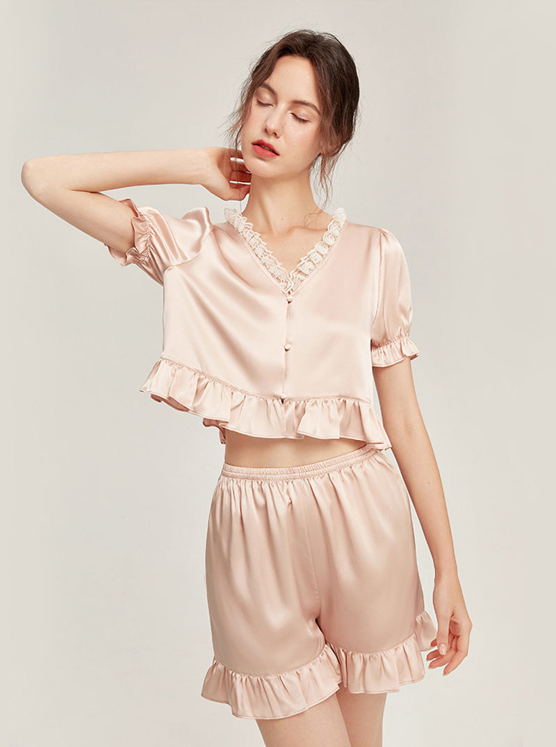 Silk Summer Female Lace V-Neck Ruffle Hem Elegant Simple Romance Gentle Sweet Comfort Sexy Youth Solid Color Short Sleeve Two-Piece Pajamas