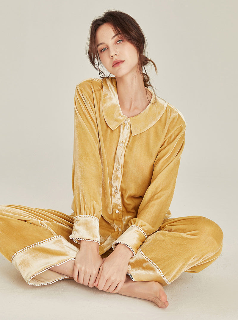 Autumn Winter Female Silk Velvet Matching Pajamas Simplicity Pure Color Cute Doll Collar Lace Edge Long Sleeve Two-Piece Set
