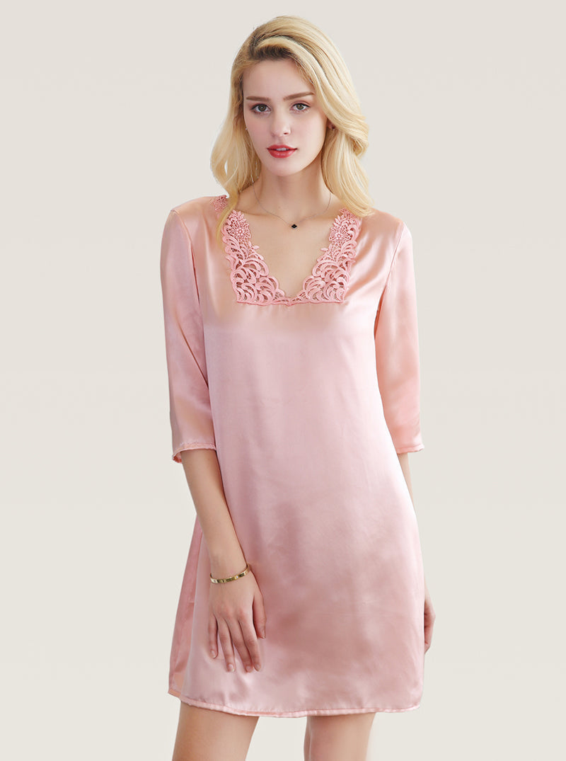Summer Silk Female V-Neck Lace Simple Fashionable Generous Comfortable And Textured Slim Solid Color Sleeves Nightdress