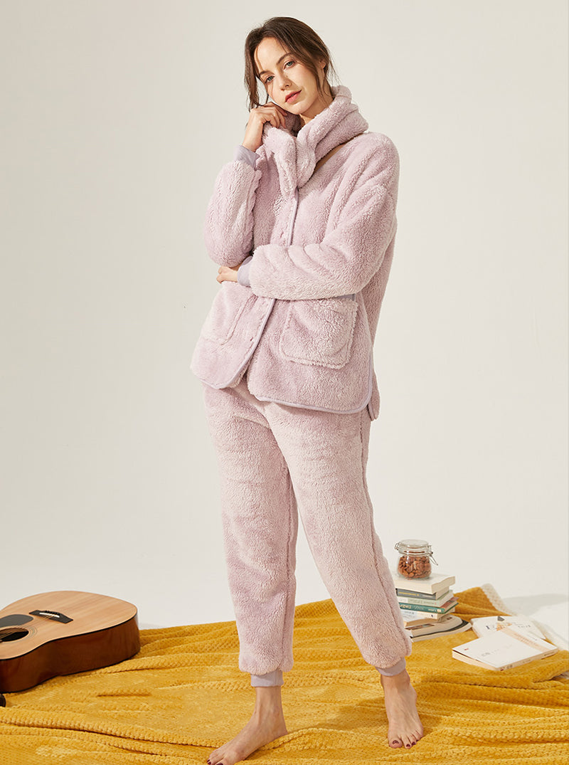 Winter Thickened Warm Pajamas Female Coral Velvet V Collar Long Sleeve With Scarf Can Be Worn Outdoors Set