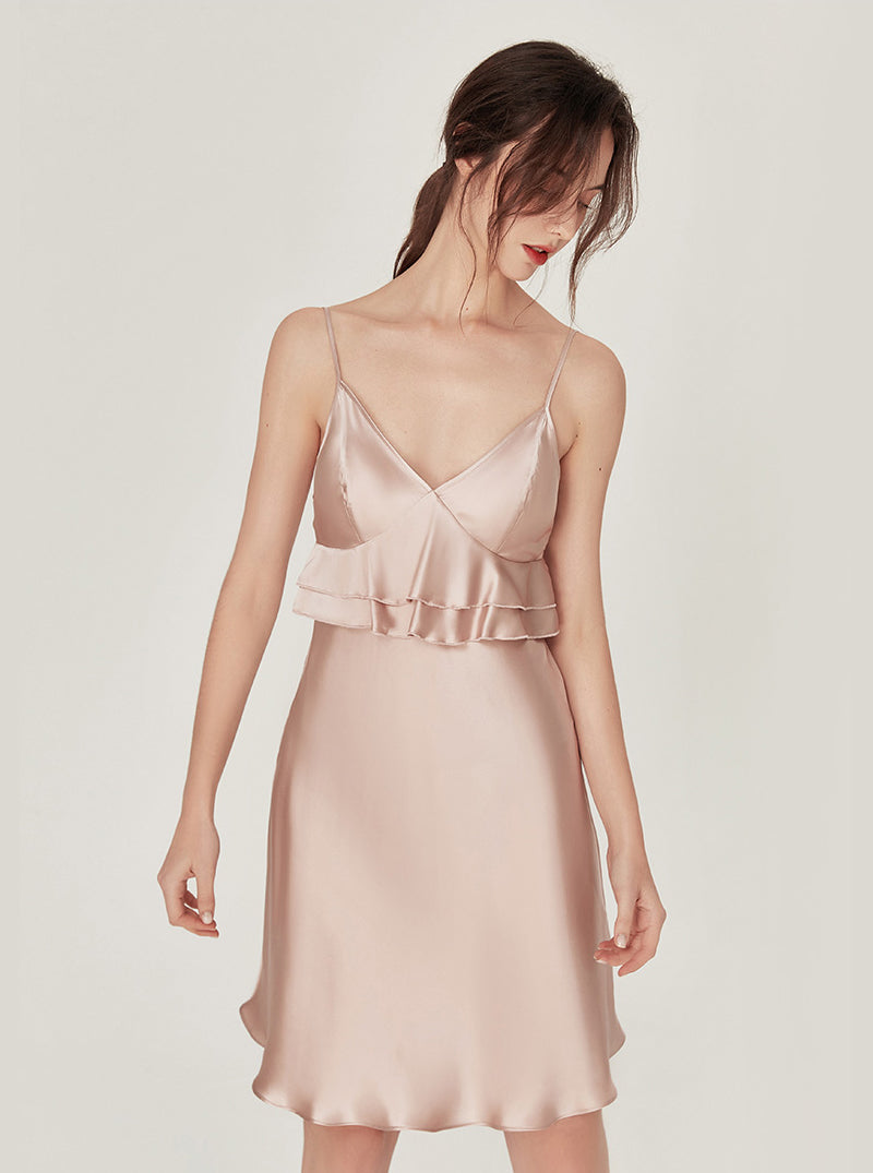 Silk Sweet Sexy V Collar Double Ruffle Design Sling Short Nightdress With Chest Pads