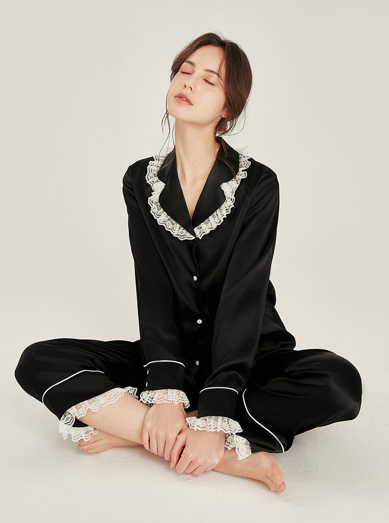 Silk Autumn Matching Pajamas Female Cute Ruffle Lace Lapel Collar Long Sleeve Advanced Sense Two-Piece Set