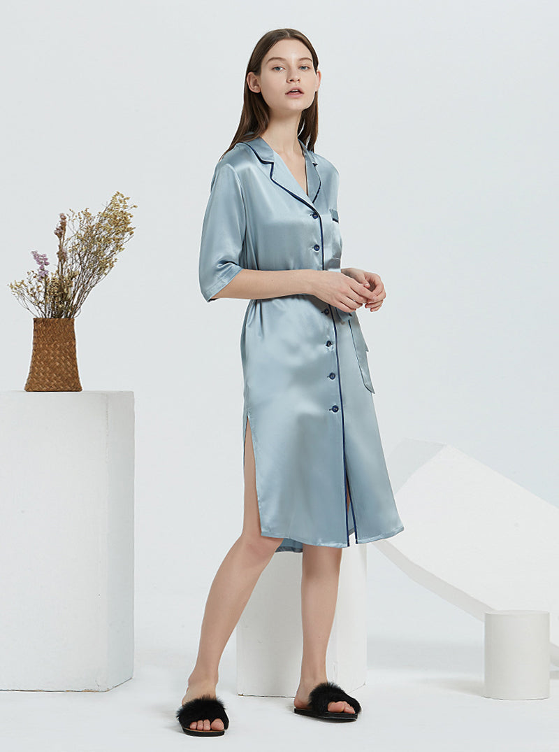 Female 19 Momme Silk Spring And Summer Small Lapel Summer Retro Split Temperament Gray Blue Long Nightgown