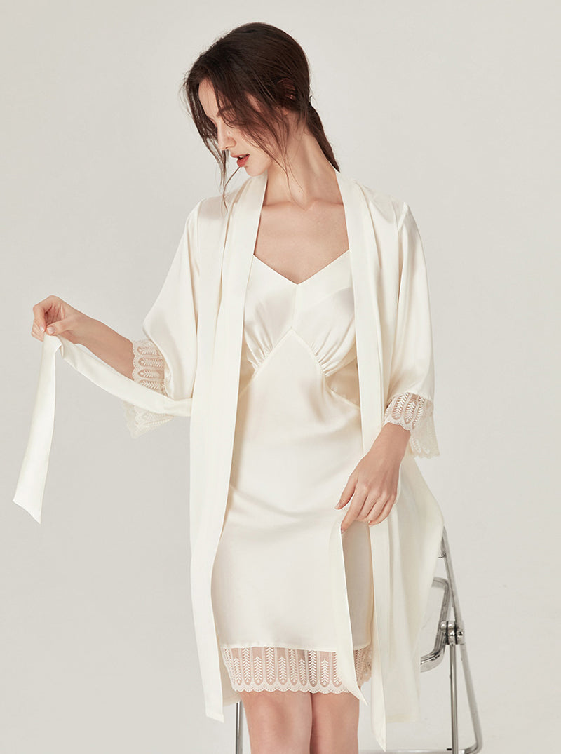 Summer Silk Matching Pajamas Elegant V Collar Fold Design Stitching Lace Edge Medium  Length Nightdress And Night-Robe Set