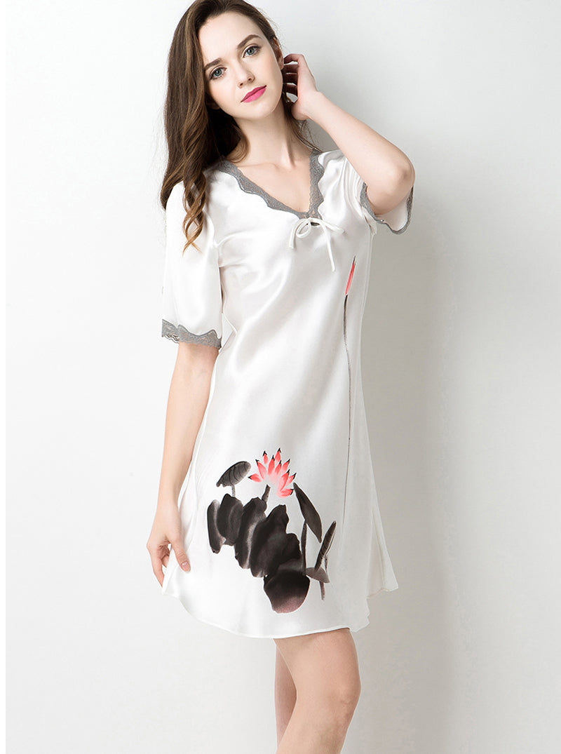 Summer Female Silk Lace V-Neck Ink Painting Print Sexy Comfortable High-End Nightdress