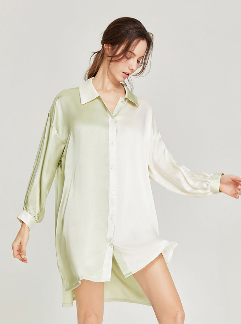 White Green Splicing Slit Hem Loose Sexy Boyfriend Style Long Sleeve Silk Summer Shirt Nightdress Female