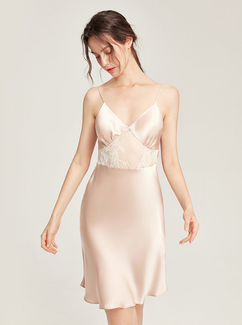 Summer 19 Momme Silk Female V Collar Sexy Waist Lace Hollow A-Line Hem Sling Nightdress