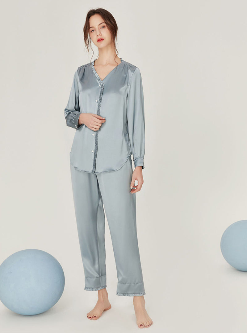 Female Spring Summer Silk Matching Pajamas Sweet Ruffle V Collar Circular Arc Hem Long Sleeve Advanced Sense Two-Piece Set