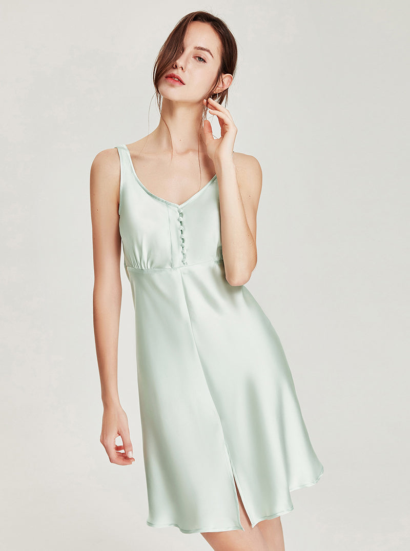Summer Female Silk Small Buttons Decoration V Collar Slit Hem Comfortable Wide Sling Nightdress