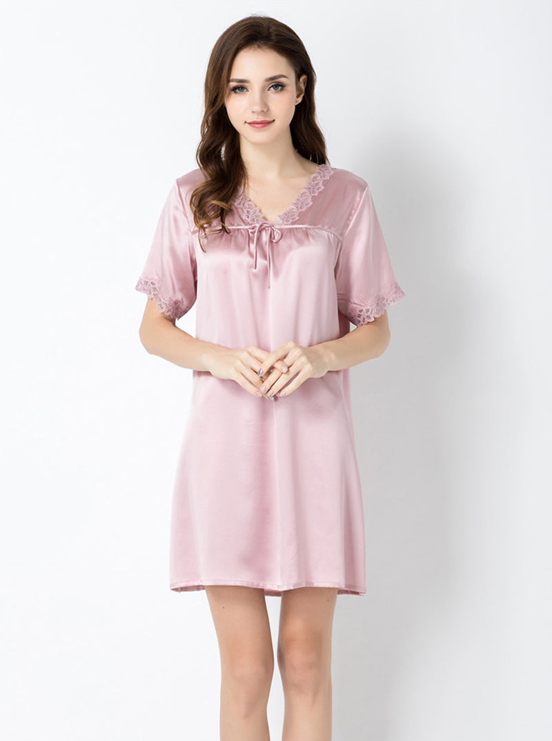 Summer Silk Ladies V-Neck Sexy Lace Elegant A-Line Pink Short-Sleeved Nightdress