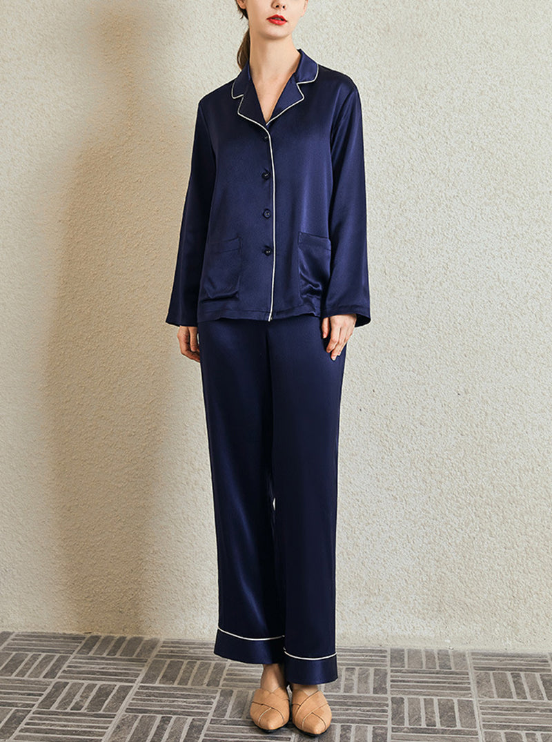 22 Momme Female Small Lapel Solid Color Autumn And Winter Simple Basic Version Long-Sleeved Trousers Pajamas Two-Piece Set
