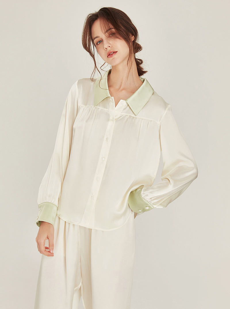 Spring Autumn Female Silk Matching Pajamas Milk White Splicing Fruit Green Shirt Collar Long Sleeve Two-Piece Set