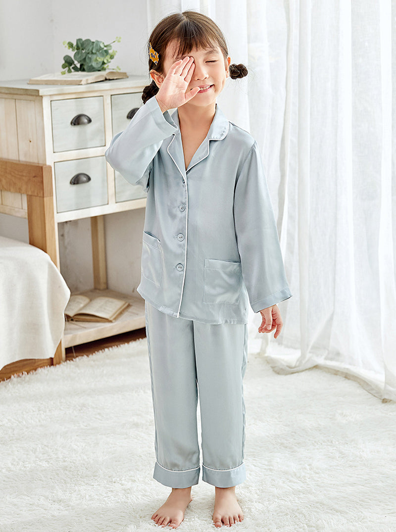 Girls Spring Silk Small Lapel Cute And Comfortable Long-Sleeved Trousers Children's Pajamas Two-Piece Set