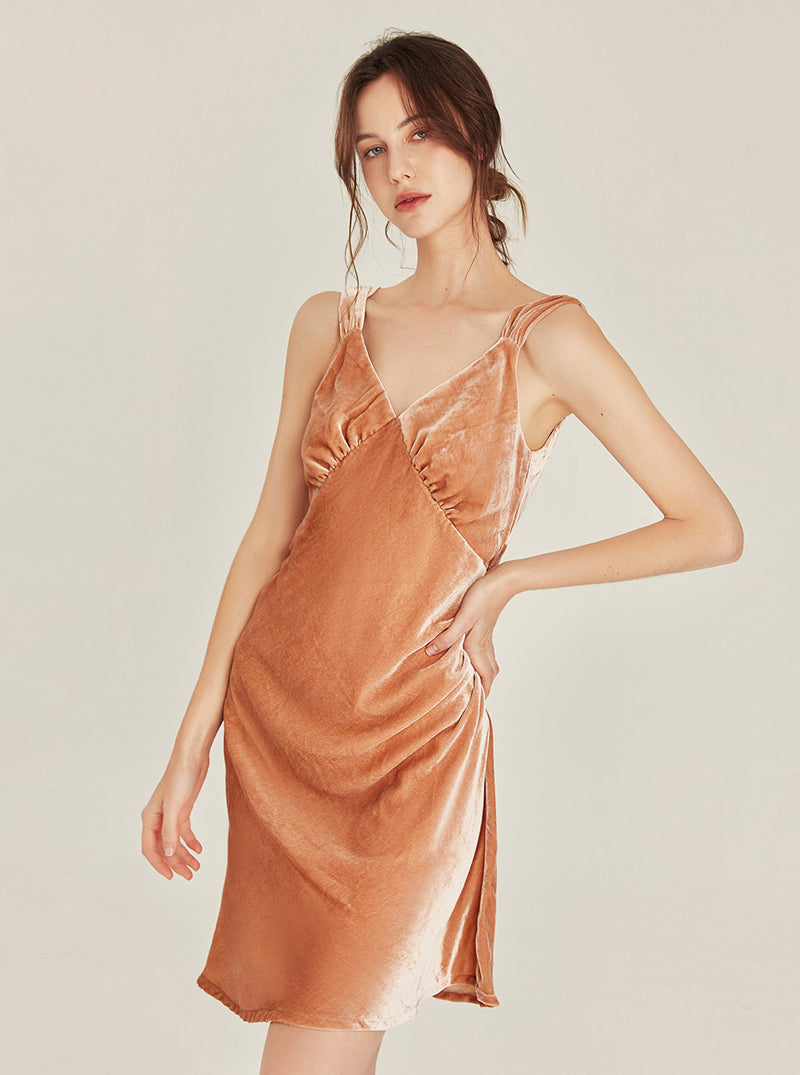 Spring Autumn Female Silk Velvet Sexy Elegant V Collar Backless Split Hem Wide Sling Nightdress